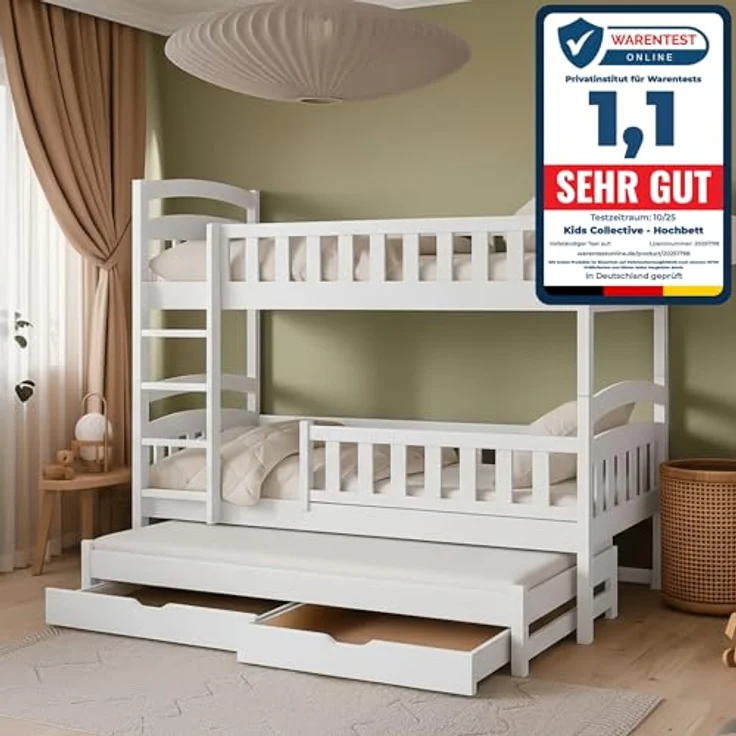 Kids Collective Hochbett mit Ausziehbett, zwei Schubladen, Lattenrost & Rausfallschutz, umbaubar in drei Einzelbetten, Kieferholz weiß, 90x200 cm – Bild 5