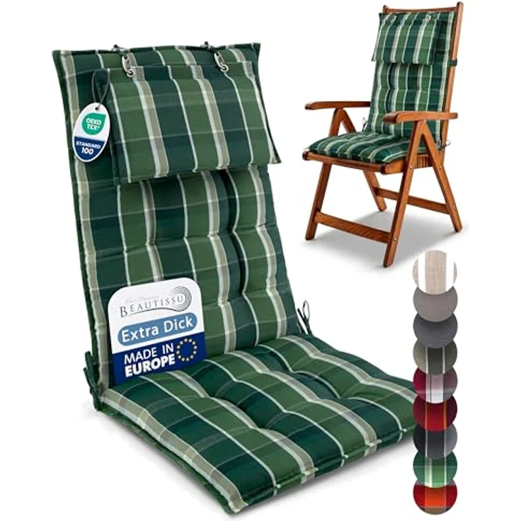 Beautissu Hochlehnerauflage 6er Set Sun-HL, 120x50x8 cm, Grün-Kariert, mit Kopfpolster, rutschfest, UV-Schutz 5, robust – Bild 1