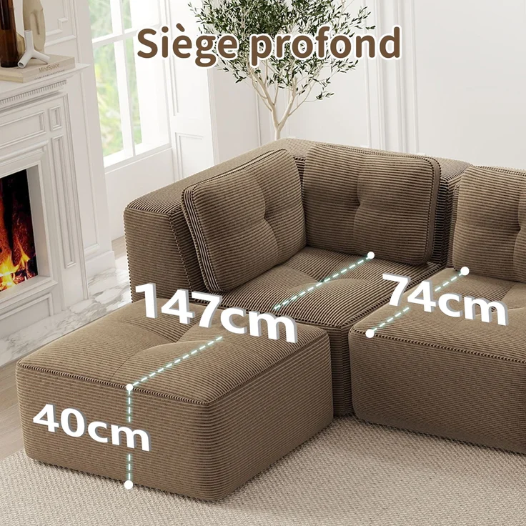 U-förmiges Sofa mit 1 Fußhocker mit Cordbezug und beweglicher Fußauflage, rahmenfreie Lounge-Couch mit breiten Armlehnen ohne Montage, Braun – Bild 18