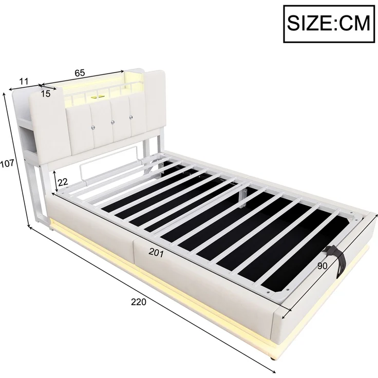 EINHOM Smartes Polsterbett für Kinder 90 x 200 cm, Gepolstert, mit LED-Beleuchtung, USB-Anschluss und Hydraulischem Stauraum, Weichem Samtbezug, Metallrahmen, Beige, (Ohne Matratze) – Bild 2
