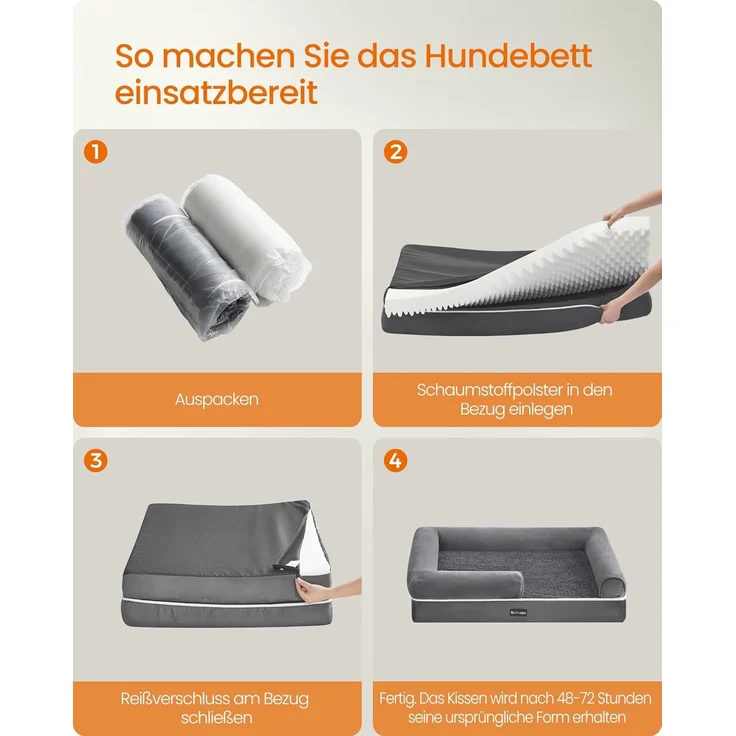 Feandrea Orthopädisches Hundebett, Hundekissen, Hundekorb, weiche Polsterung, Hundesofa, erhöhte Ränder, Bezug abnehmbar und waschbar, 106 x 80 x 20 cm, rutschfeste Unterseite, hellgrau PGW077G02 – Bild 9