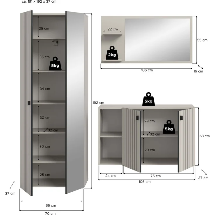 Garderobenkombination (B/H/T: 191x192x37 cm) in Kaschmir Nachbildung – Bild 4