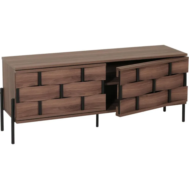 MCW TV-Rack M44, Braun, Holz, 120x51x35 cm, 3 Fächer, 2 Türen mit Push-to-open Funktion, 3D-Flecht-Design