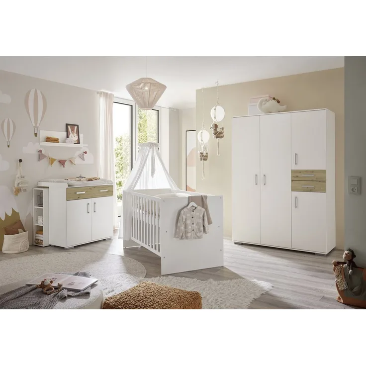 Storado Babymöbel-Set Sienna 7-teilig 70×140cm, Kinderzimmer-Set, Farbe wählbar, Mitwachsendes Babybett, Wickelkommode und geräumiger Schrank
