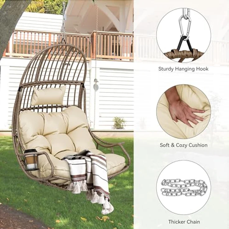 YITAHOME Rattan Hängesessel 150kg, mit Kissen & Getränkehalter, Beige – Bild 2