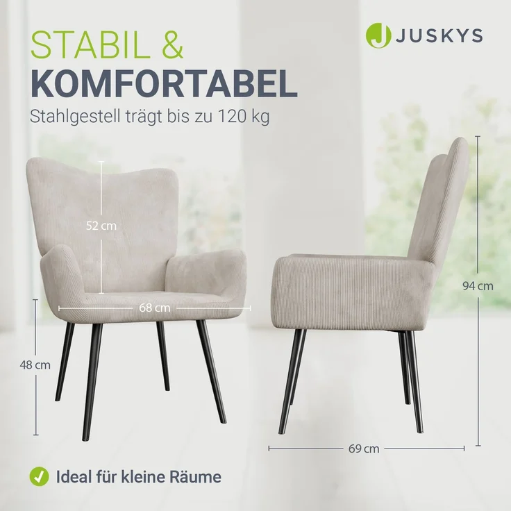 Juskys Ohrensessel Odense ohne Hocker, TV- & Lesesessel in Cord, hohe Lehne, Metallbeine, komfortabler Stoffbezug, pflegeleicht – Beige – Bild 6