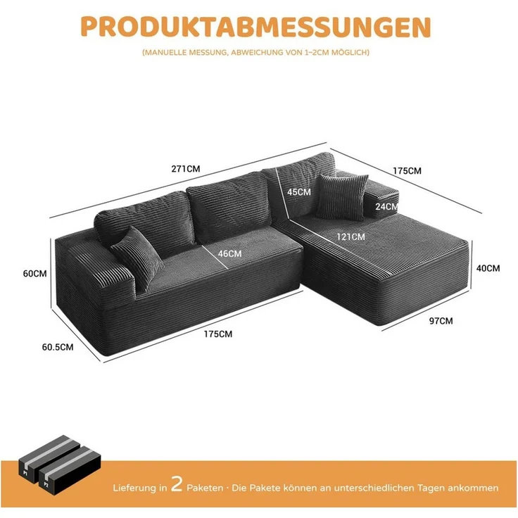 LITBIRD Sofa Modulares L-förmiges Ecksofa mit Schlaffunktion, 272 x 175 x 61 cm, 1 Teile, Rahmenloses Schlafsofa mit symmetrischem Doppelsitz, montagefrei – Bild 2