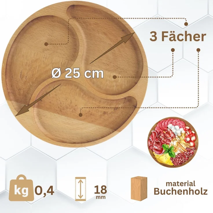 Ø25cm Servierplatte aus natürlichem Holz mit 3 geteilten Fächern, Servierteller von Vorspeisen, Käse und Snacks, Holzplatte Cheeseboard für Fleisch und Käse, Käseplatte, Cheese Board – Bild 2