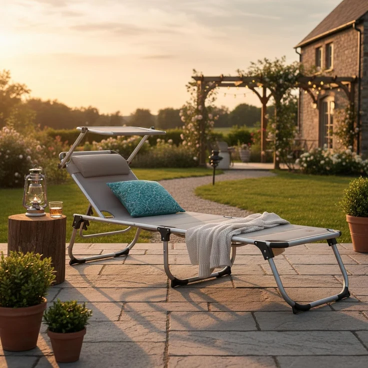 CampFeuer Gartenliege Sonnenliege mit Dach, Grau, Alu Campingliege, Gartenliege, Klappbar – Bild 2