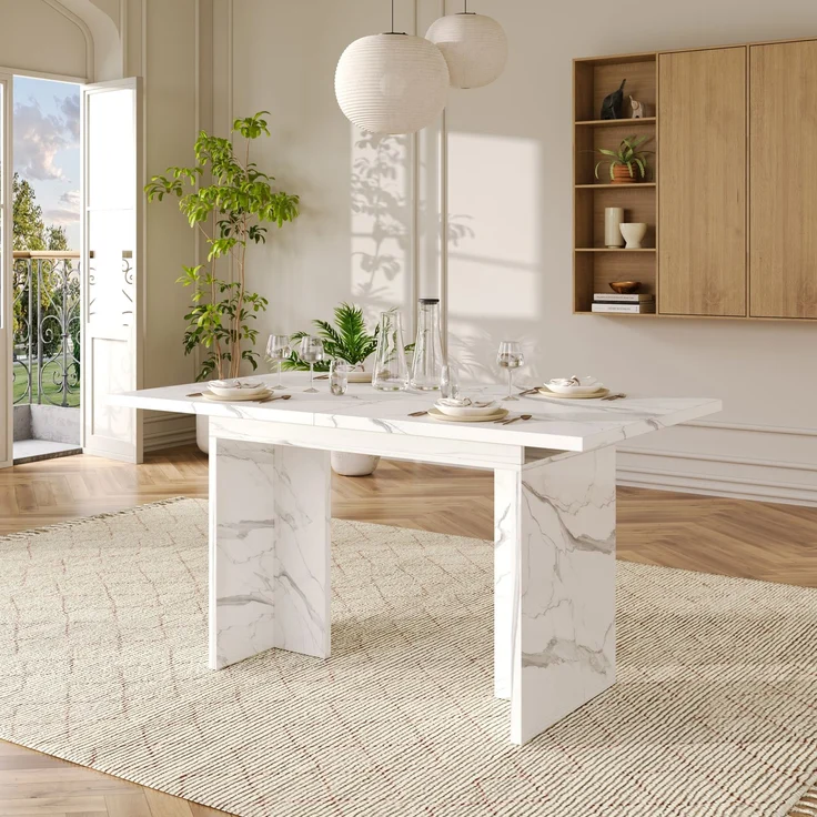 Merax Ausziehbarer Esstisch, 140/180*80 cm, geeignet für 6-8 Personen, rechteckige Form, verdickte Tischplatte, einfachen Stil,Tisch für Esszimmer, Küche, Wohnzimmer, Weißer Marmor – Bild 3