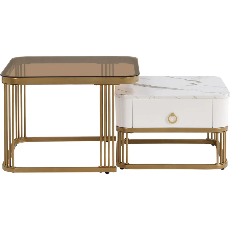 Merax Couchtisch Set Marmoroptik mit Schublade, Beistelltisch hochglanz, Satztisch mit Glasplatte,Wohnzimmertisch, Gold | Weiß – Bild 9