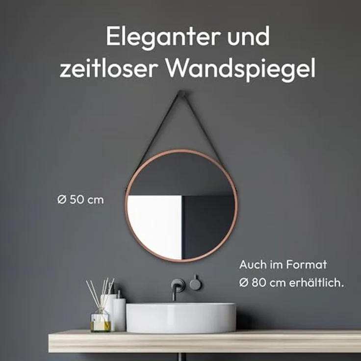 Talos Dekorativer runder Wandspiegel, Kupfer matt, Aluminiumrahmen Ø 50 cm mit lederoptischem Aufhängegurt – Bild 3