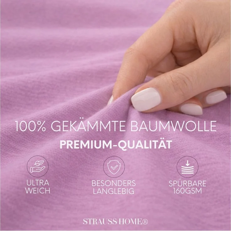 Strauss Home Spannbettlaken Premium 160 g/m² Gekämmte Baumwolle Jersey in Hotelqualität, Gummizug: Rundumgummi, OEKO-TEX®-zertifiziert - Hotelqualität – Formstabil & Langlebig