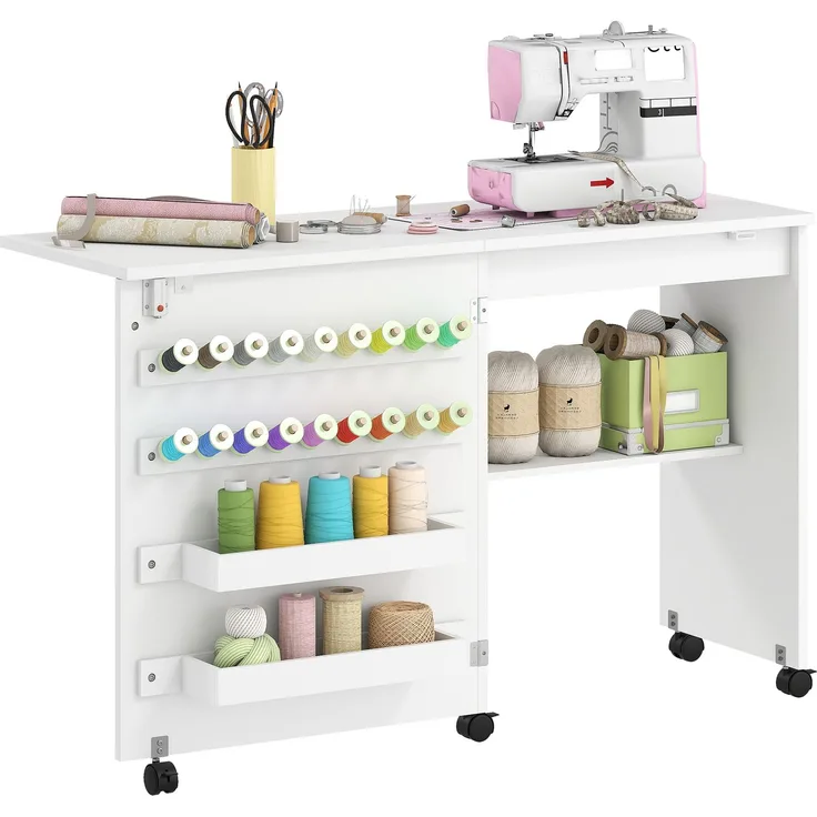 Zusammenklappbarer Nähmaschinenschrank mit 2 Lagerkästen, 116.3×49.5×76.5cm, Weiß, MELAYR