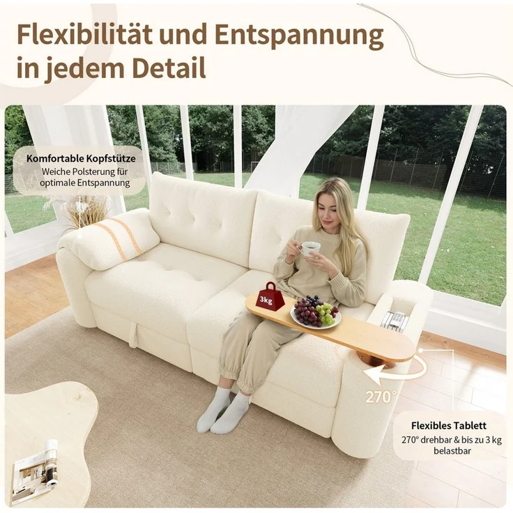 Odikalo Sofa Ecksofa 2-Sitzer mit Schlaffunktion Stauraum und Beistelltisch, mit Stauraum, Kopfstütze & integriertem Beistelltisch – platzsparende Schlafcouch für Apartment, Wohnzimmer & Gästezimmer – Bild 3