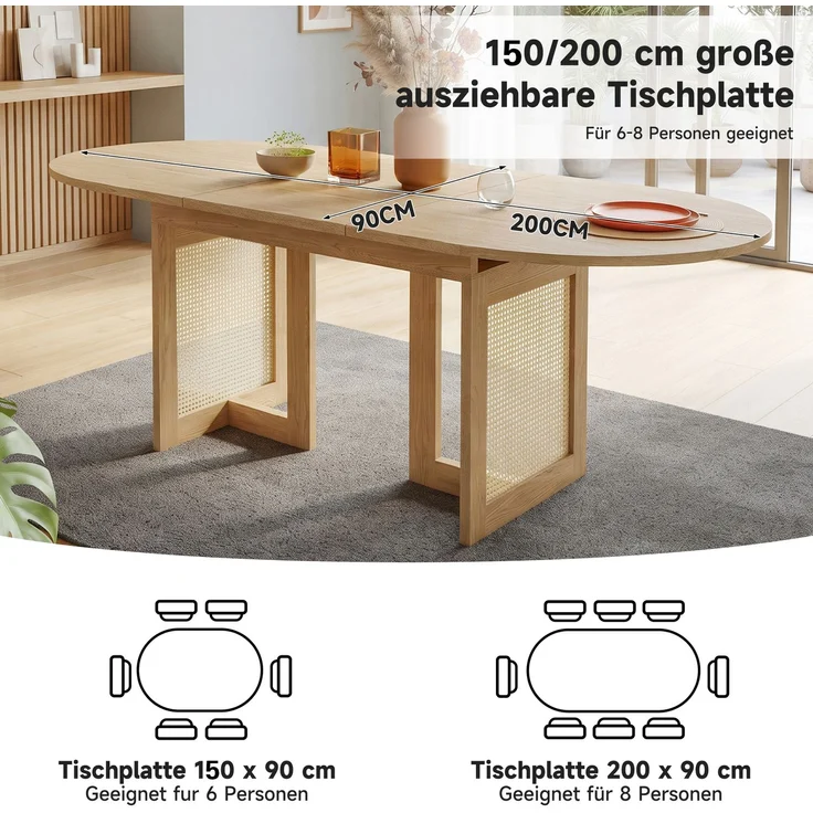 Ausziehbarer Esstisch 150/200 * 90 cm, geeignet für 6–8 Personen,Esstisch mit abgerundeten Ecken, verdickte Tischplatte, ausziehbarer Esstisch im einfachen Stil, Tischbeine aus Rattan, Eichenfarbe – Bild 7