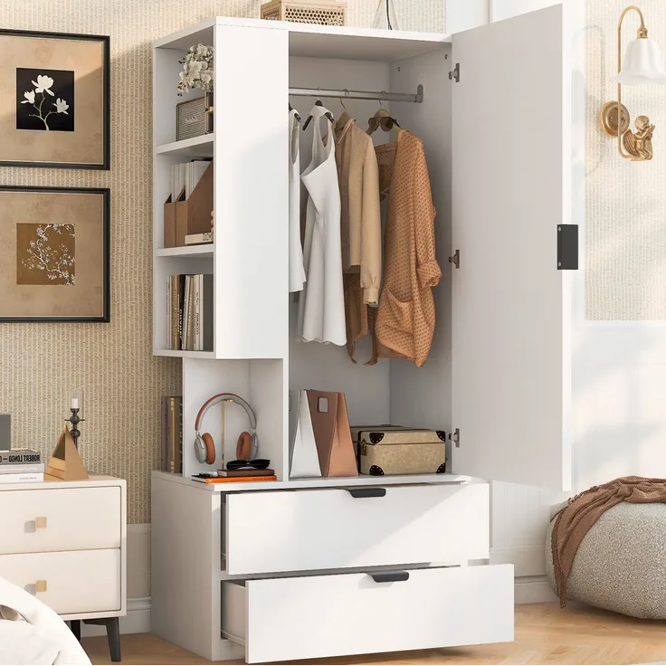 Kleiderschrank 70 x 50 x 170 cm mit offenen Ablagefächern und zwei Schubladen, Weiß und Holzfarbe
