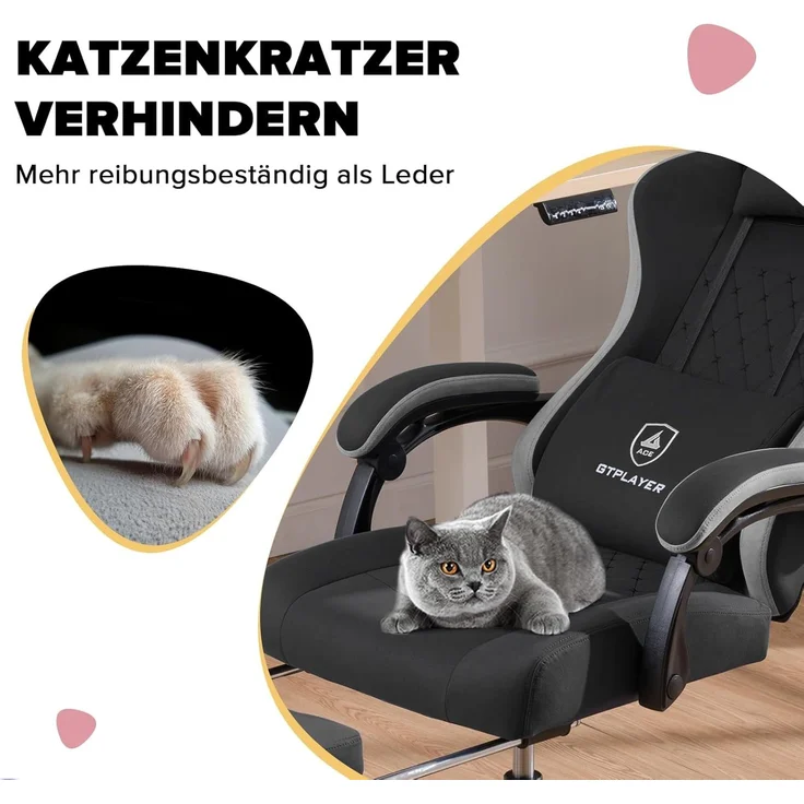 GTPLAYER Gaming Stuhl Ergonomischer Gaming Sessel Schreibtischstuhl mit Stoffoberfläche, Federsitzkissen, Verbindungsarmlehnen und Fußstütze schwarz – Bild 8