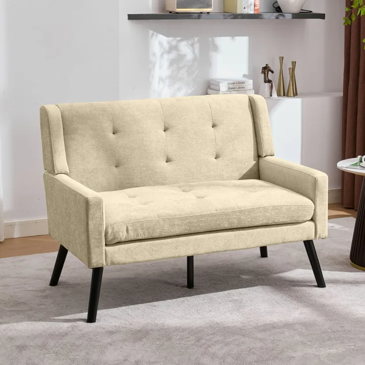 LVHOM 2-Sitzer Sofa aus Leinenstoff mit Knopfsteppung, Loveseat mit hochdichter Schaumstoffpolsterung und Massivholzbeinen, Stoffsofa für Wohnzimmer & Büro, bis 260kg, Beige