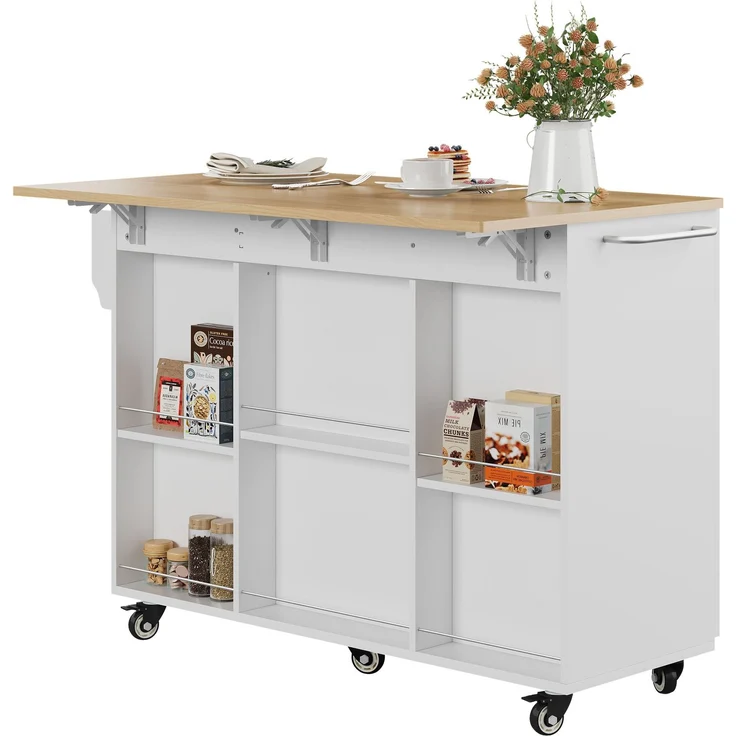 ZUBALIYA Küchenwagen 120 cm Arbeitsplatte – klappbare Arbeitsplatte, Schublade und 2 Schränke, 5 Rollen, 2 mit Bremse, Gewürzregal und Handtuchhalter, MDF, Weiß, Eichenoptik – Bild 13