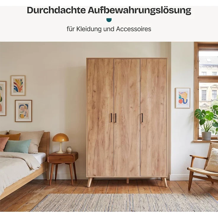 Kleiderschrank Norg 191x120x52 cm 3 Türen 4 Fächer Eicheoptik [en. casa] – Bild 3