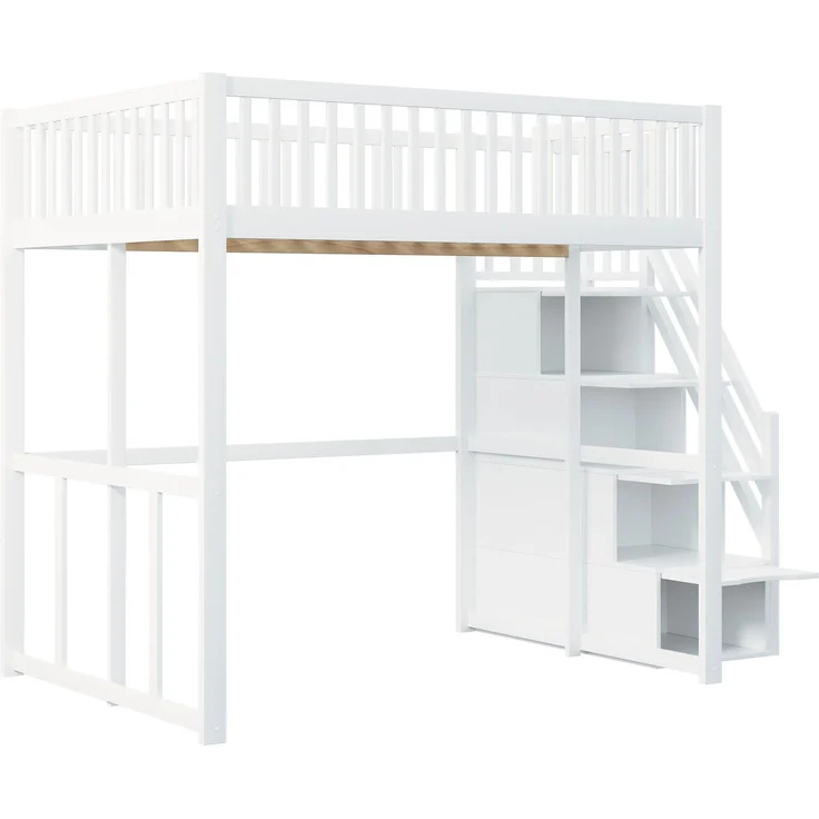 Merax Hochbett 140x200cm mit Sicherheitsaufbewahrungsleiter, Sicherheitsumrandung, Bettgestell aus massiver Kiefer, Geeignet für Kinder, Jugendliche und Erwachsene, Weiß – Bild 8