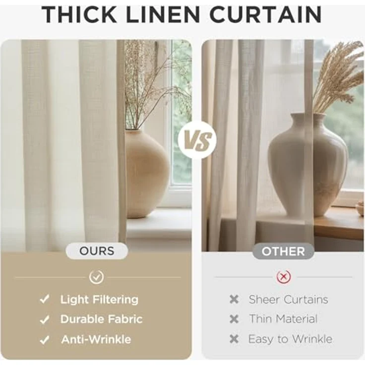 Joydeco Leinen-Vorhänge für Wohnzimmer, Lichtfilterung, Stangentasche, Rückenlasche, halbtransparente Vorhänge, Fenster, Lange Vorhänge, 228,6 cm lang, elfenbeinfarben – Bild 4