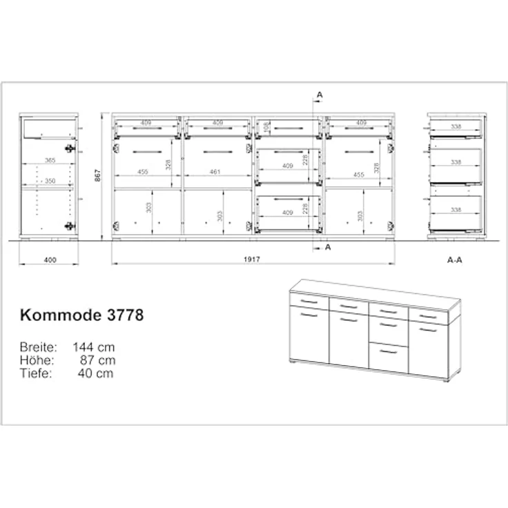 Germania Sideboard 3779-653 GW-Predore, in Lindberg-Eiche, mit DREI Türen und sechs Schubkästen,192 x 87 x 40 cm (BxHxT) – Bild 3
