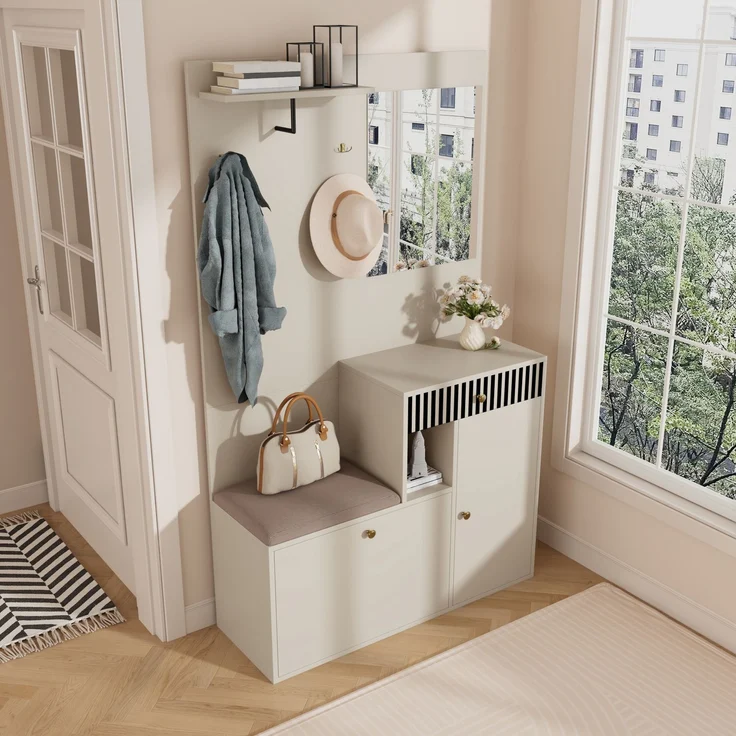 Flurschrank 110x37x185.5cm mit Sitzfläche,Soft-Close,verstellbaren Regalen,Spiegel,Haken,Schubladen,Stauraum,Beige & Creme – Bild 4