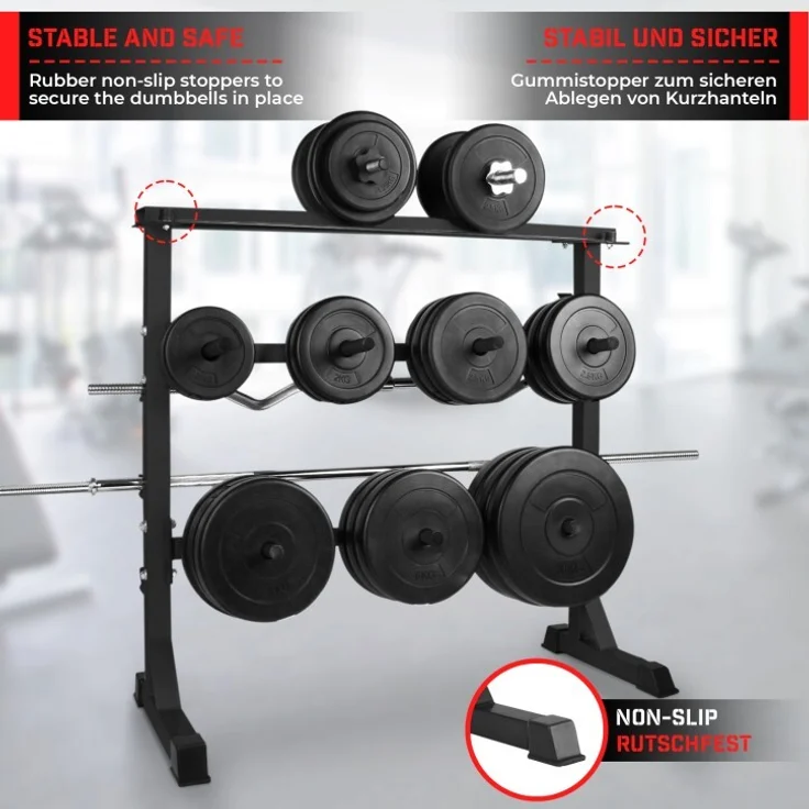 Physionics® Hantelablage - Ø 25 mm, max. 300kg, 3 Ebenen, Schwarz - Hantelständer, Kurzhantelständer, Langhantelständer, Hantelscheibenständer für Hantelscheiben, Langhantelstangen und Kurzhanteln – Bild 3