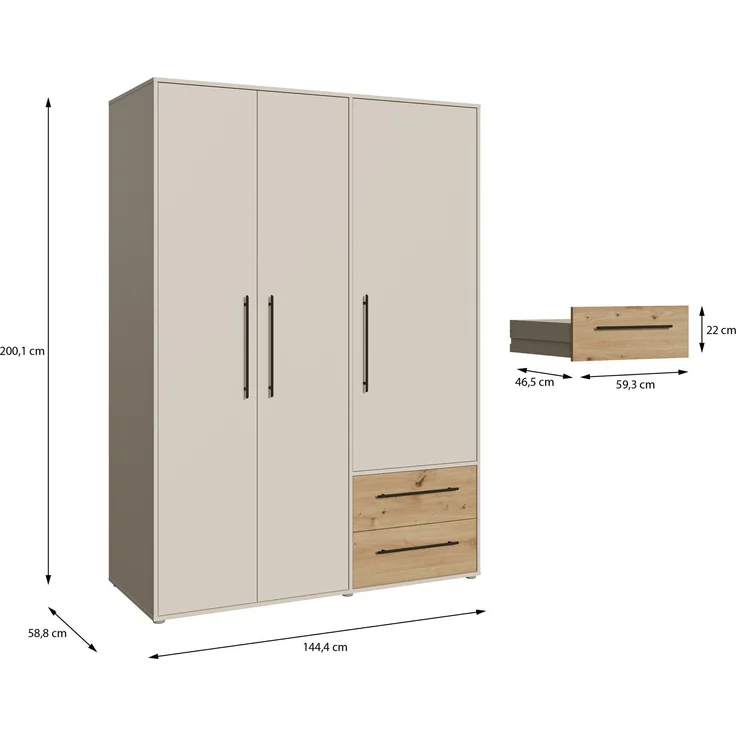 Drehtürenschrank >MOKKARIS< 2 Schübe, Sandfarben/ Artisan Eiche Dekor - 144,4x200,1x58,8cm (BxHxT) – Bild 7