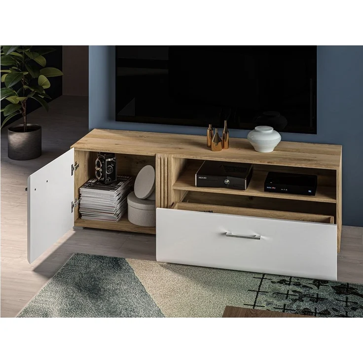 TV Lowboard 150 cm in Eiche Castello Nb. mit weiß Hochglanz AKRON-131 MDF Front mit edler Fräsung, B/H/T: ca. 150/47/42 cm – Bild 5