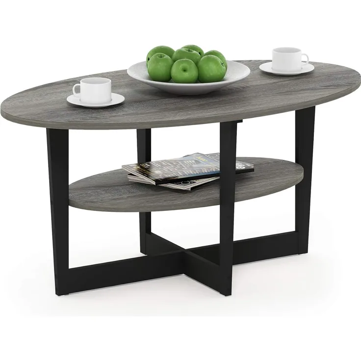 Furinno Jaya Oval Couchtisch, Holz, French Oak Grey/Black, 1-Pack, 90 (B) x 42 (H) x 50 (T) cm