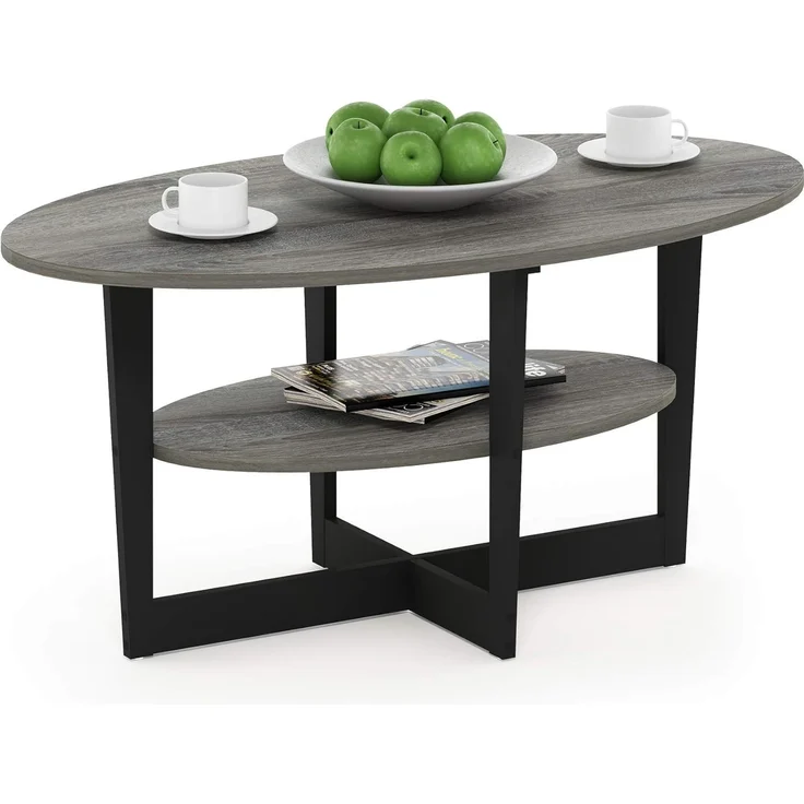 Furinno Jaya Oval Couchtisch, Holz, French Oak Grey/Black, 1-Pack, 90 (B) x 42 (H) x 50 (T) cm