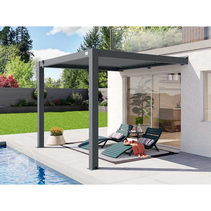 PRIMEYARD Terrassenüberdachung 3x3 m Aluminium-Pfosten mit Lamellendach aus Alu anthrazitfarbene Anbau-Pergola