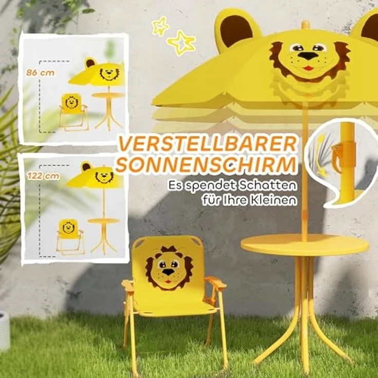 AIYAPLAY Garten-Kindersitzgruppe Kindersitzgarnitur mit höhenverstellbarem Sonnenschirm, (Gartentisch, 2 Klappstühle, 4-tlg, Löwen-Design für 2-5 Jahre Kinder), Gelb – Bild 4
