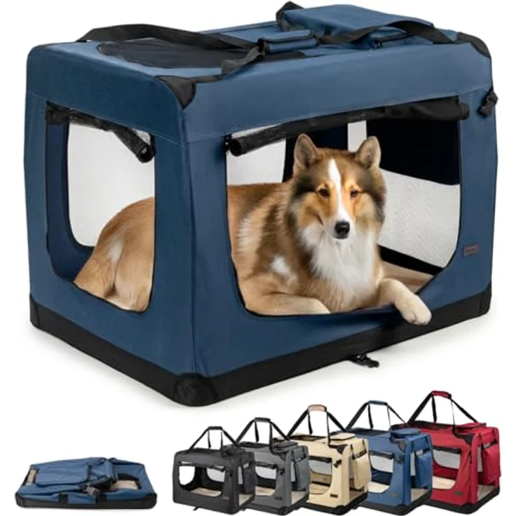 lionto Hundetransportbox, Faltbar, für Reise & Auto, 90x61x65 cm, Blau | Stabile Hundebox aus Stoff mit Netzfenstern, Tragegriffen, weicher Decke & Taschen, für Katzen & Hunde bis 22 kg geeignet – Bild 1