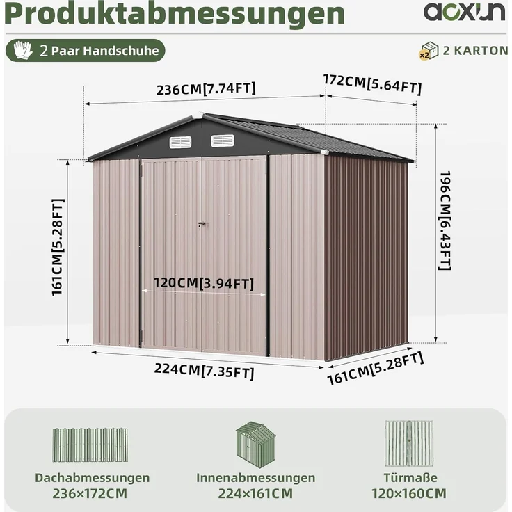 Aoxun Großes Gerätehaus aus Metall 235x171x196cm, wetterfestes Gartenhaus mit Doppeltür & Satteldach, abschließbarer Geräteschuppen für Garten, Hinterhof, Terrasse, Braun – Bild 2
