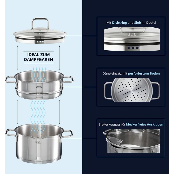 KHG Topf-Set mit Glasdeckeln, für alle Herdarten inklusive Induktion, Edelstahl (Topf-Set, 8-tlg), Sieb & Dichtring im Deckel, Ausgusslippe im Topfrand, Innenskala – Bild 3