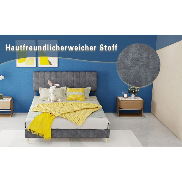 Novelux Polsterbett 140x200 cm mit Weichem Kopfteil – Stabiles Plattformbett aus Holz & Samt Grau, Modernes Minimalistisches Bettgestell ohne Matratze – Bild 6