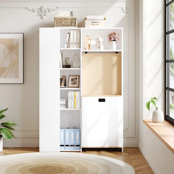 Klappbarer Schreibtisch mit Ablagen –2-in-1-Bücherregal und Schreibtisch, klappbar, mit Steckdose und USB-Anschluss, höhenverstellbare Ablagen, Kippschutz, weiß-Schreibtisch,Eck-Schreibtisch –links – Bild 5