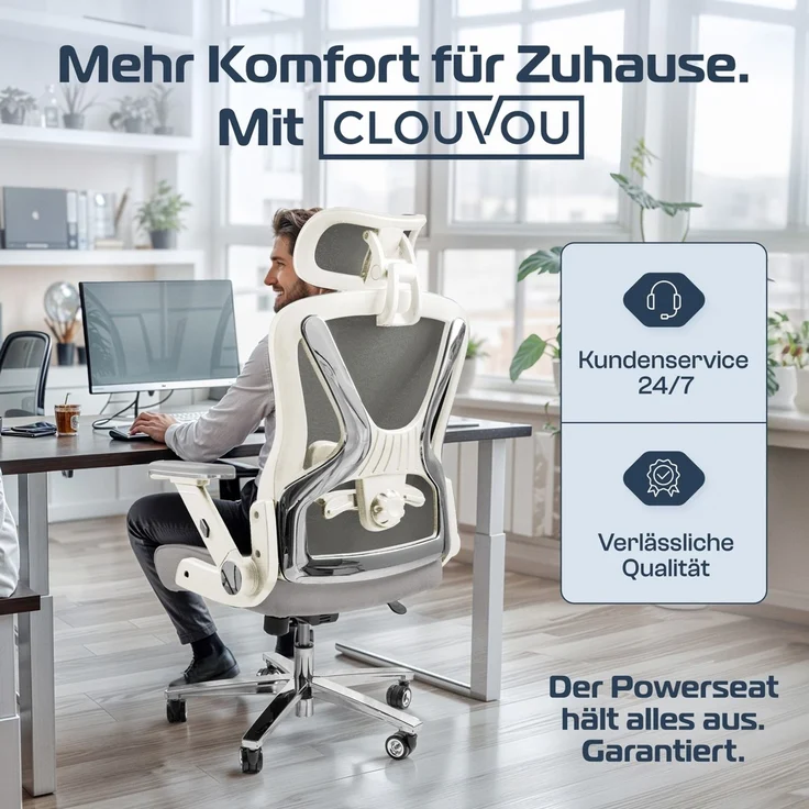 CLOUVOU PowerSeat, ergonomischer Bürostuhl, thermoregulative Materialien, 5D-Armlehnen, 3D-Kopfstütze, PhantomWheels, Creme-weiß – Bild 7