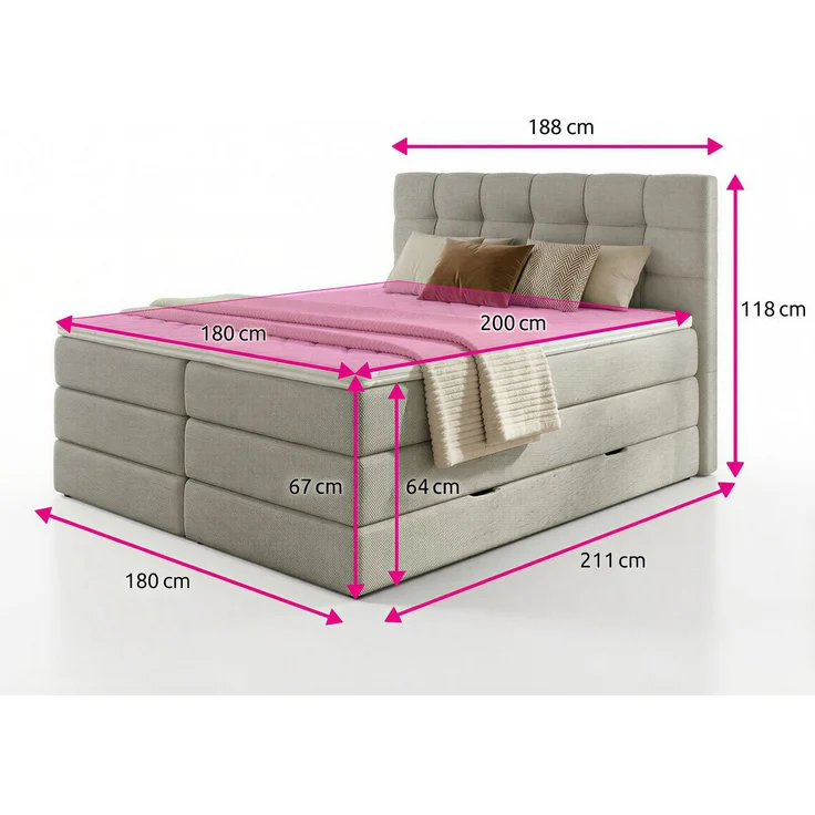 Boxspringbett Best XL mit 2 Bettkästen und Topper, mit Taschenfederkern- und Bonellfederkernmatratze, Doppelbett, Polsterbett aus Webstoff mit Stauraum (Beige (Inari 22), 180 x 200 cm) – Bild 4