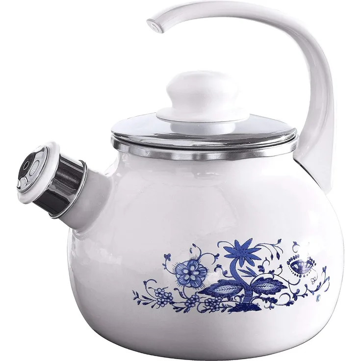 KARL KRÜGER Flötenkessel Zwiebelmuster emailliert 18cm Ø21cm weiß blau