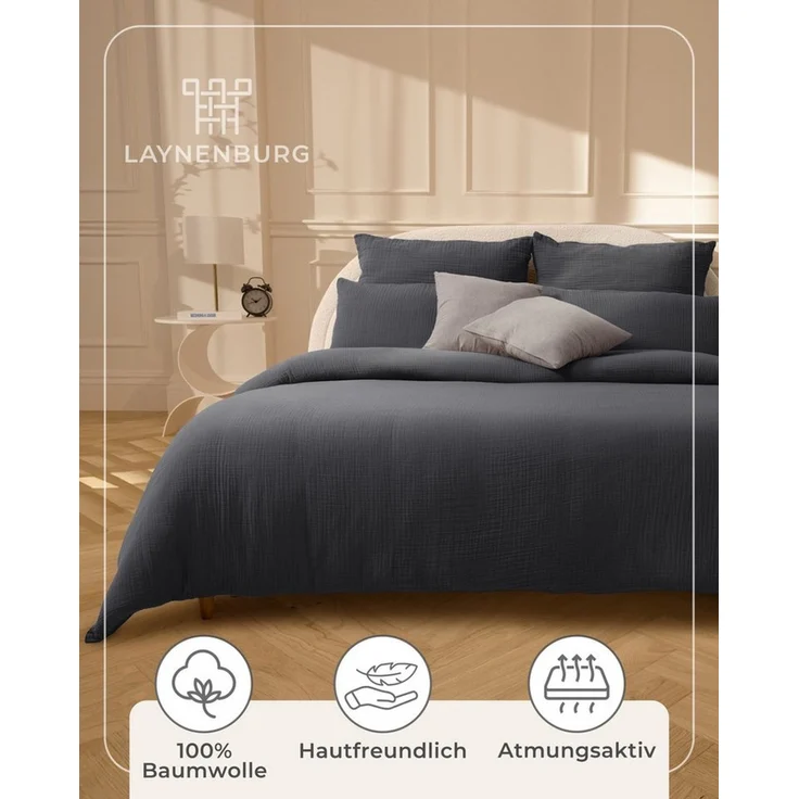 Laynenburg Bettwäsche Musselin aus 100% Baumwolle in 135x200 oder 155x220 cm, atmungsaktiv & bügelfrei – 2 lagig mit Reißverschluss & Haltebändern – Bild 4