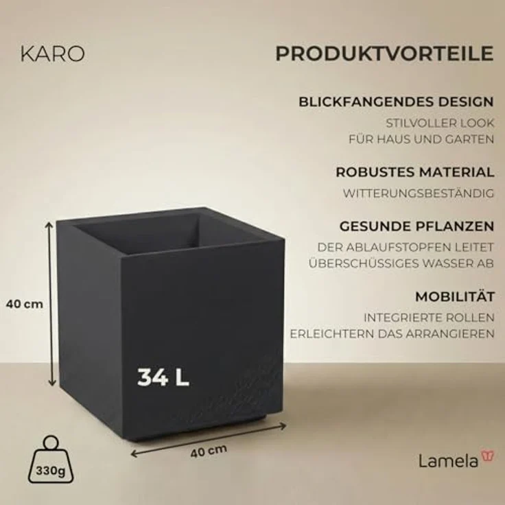 LAMELA Pflanzkübel mit Rollen 40 cm, 36L – Blumentopf aus Kunststoff – Übertopf mit Wasserablauf – Modern für Innen & Außen - Wetterfest & Pflegeleicht, Schwarz – Bild 3
