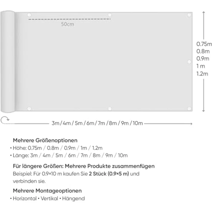 Sekey Balkon Sichtschutz Balkonabdeckung Balkonverkleidung blickdichte Wind- und UV-Schutz, 100% Privatsphäre, mit Ösen, Nylon Kabelbinder und Kordel, 120x900cm, Anthrazit – Bild 8