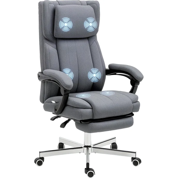 MELAYR, Bürostuhl mit Massagefunktion, neigbare Rücklehne, ausziehbare Fußstütze, Leinenoptik, grau, 65 x 61 x 118 cm