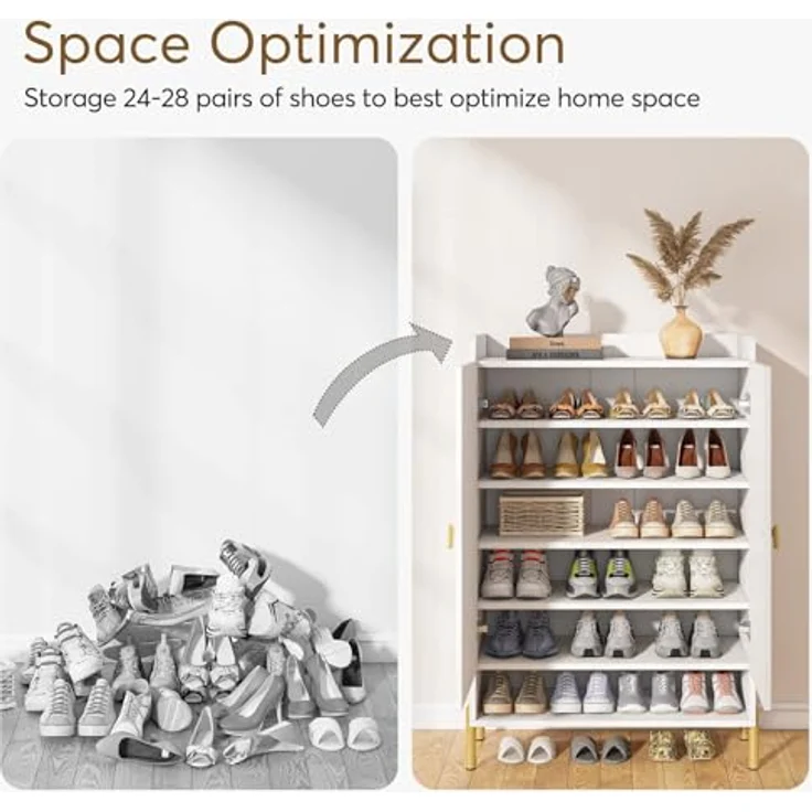 LITTLE TREE Schuhschrank für den Eingangsbereich: 6-stöckiger Schuh-Organizer, schmal, freistehend, Holz-Schuhregal mit Türen, verstellbare Einlegeböden für Flur, Schrank, Wohnzimmer – Bild 5