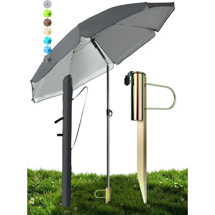 Menz Sonnenschirm Strand Ø 180 cm in Anthrazit, 3er Set – Strandschirm windfest stabil + Schirmhülle + Rasendorn Sonnenschirmhalter, UPF 50+ Sonnenschirm mit Rasendorn für Garten, Schirmspieß